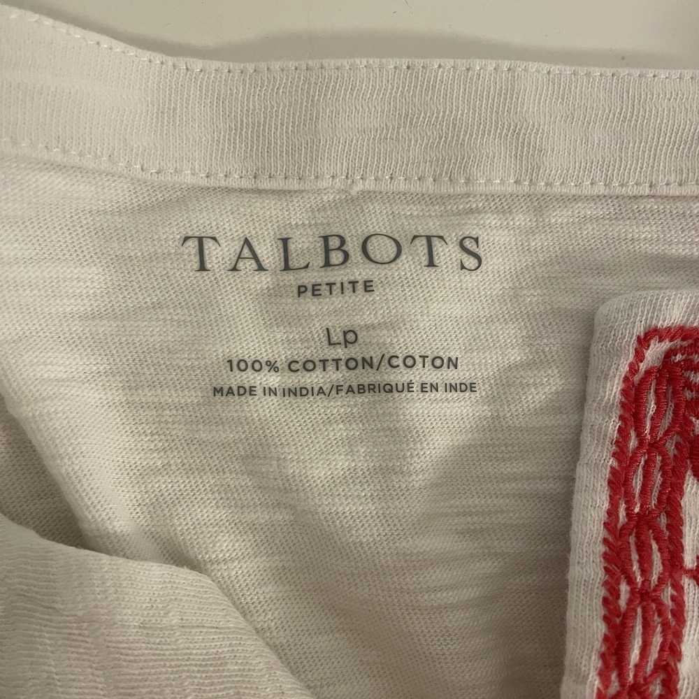 Talbots White Red Embroidered Tunic Top Paisley Boho Cotton 3/4 Sleeve Blouse Lp - Picture 5 of 5
